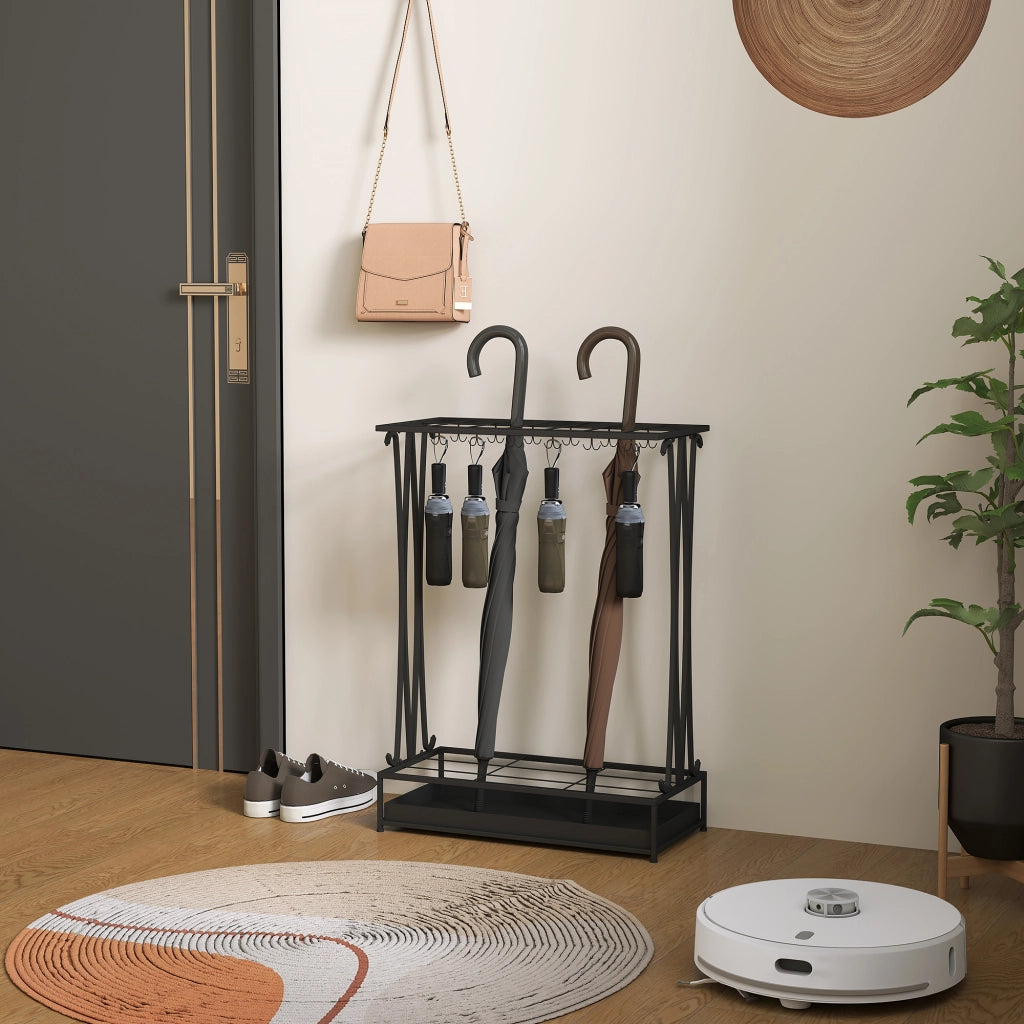 Portaombrelli rettangolare in acciaio nero con 21 supporti e 24 ganci; vaschetta estraibile 50 × 24 × 68 cm