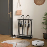 Portaombrelli rettangolare in acciaio nero con 21 supporti e 24 ganci; vaschetta estraibile 50 × 24 × 68 cm