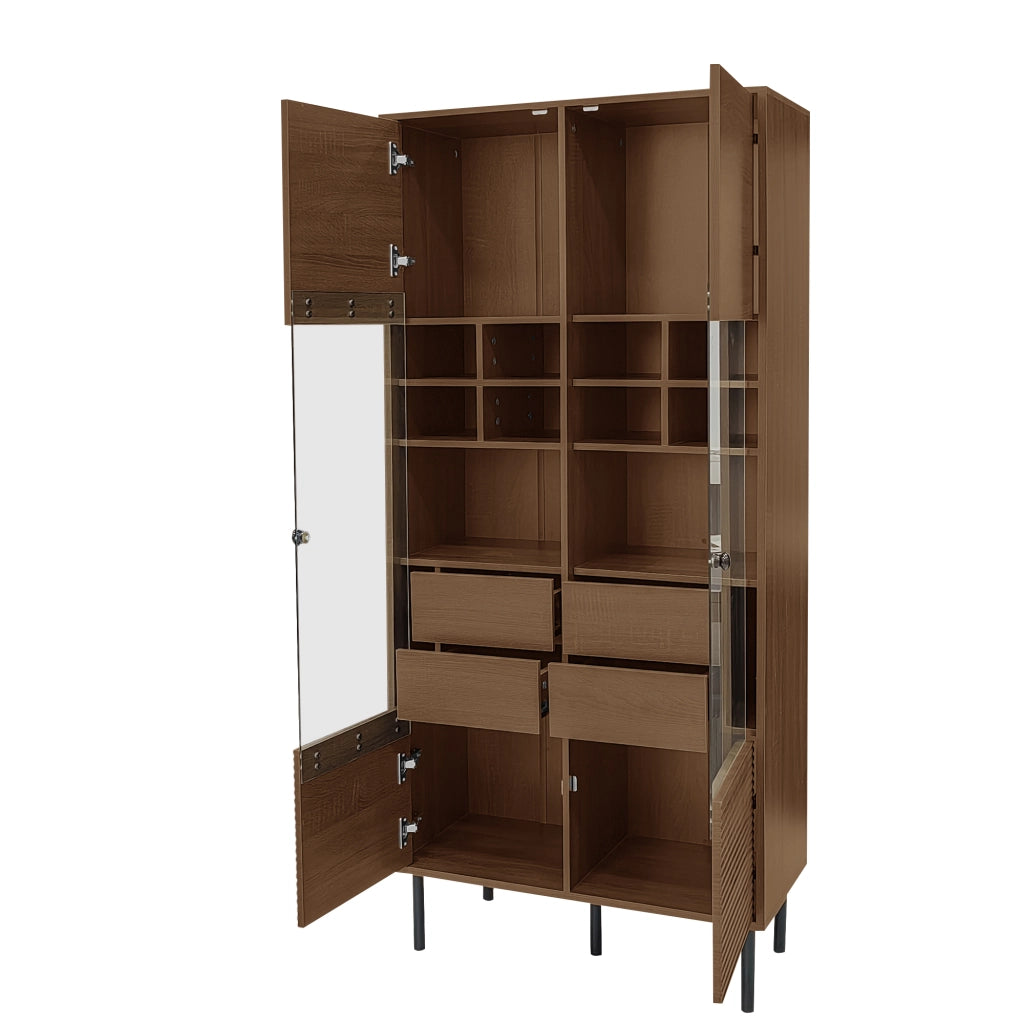 Mobiletto Multiuso Effetto Noce 75;5x35x164;5 cm Vetrina con Ante in Vetro e Cassetti