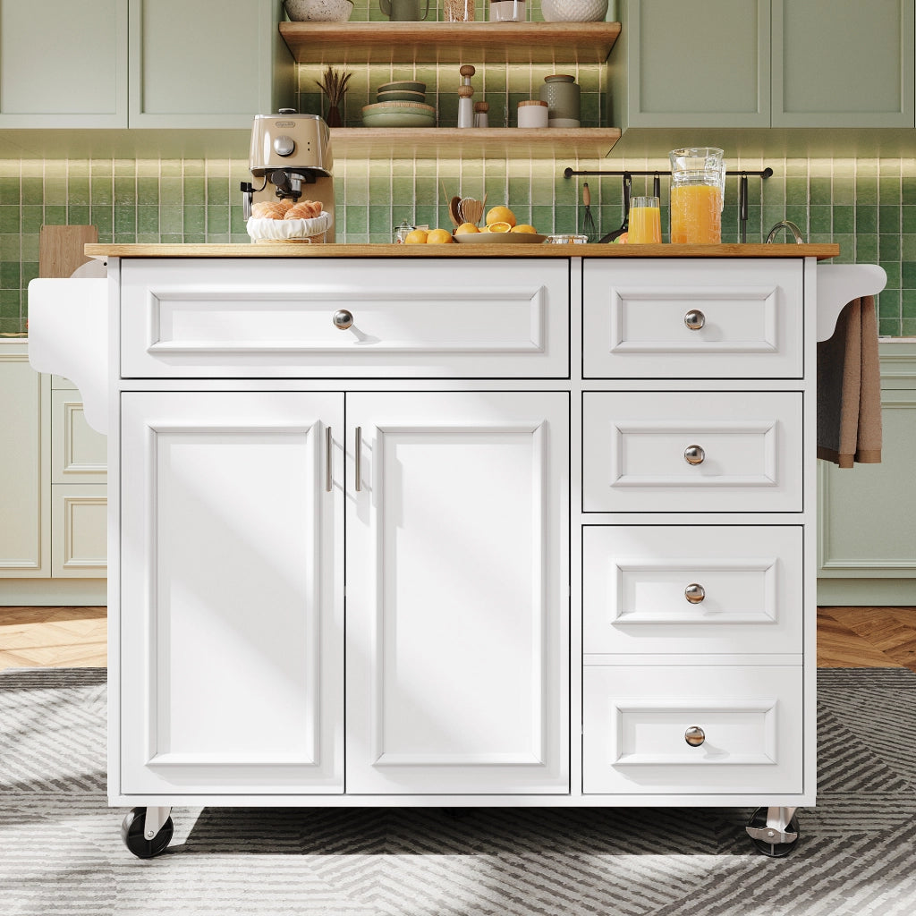 Carrello da cucina con piano pieghevole, cassetti, ripiani regolabili e mensola laterale in MDF bianco per cucina