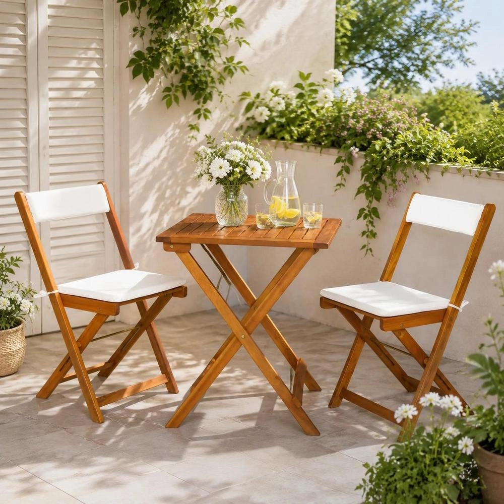 3-piece Foldable Bistro Set With Cushions, Solid Acacia Wood