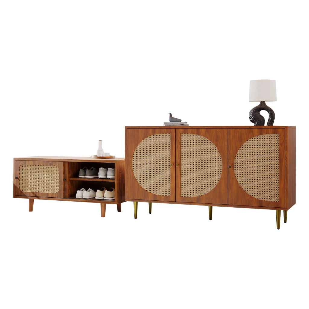 Set Mobiletto in Rattan per Soggiorno: Combinazione di Cassettiera e Scarpiera, Colore Noce
