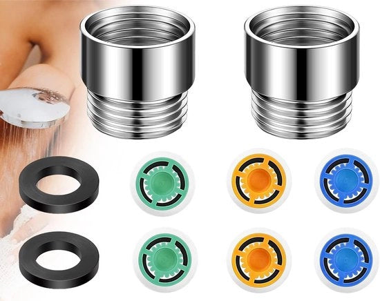 Set di 8 regolatori di flusso d'acqua per doccia con contenitore e pezzi di ricambio - Set di risparmio acqua per la doccia con regolatore di flusso.