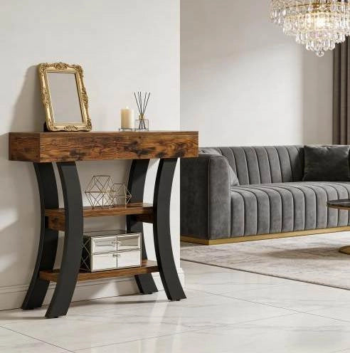 Tavolo consolle 105x30x80 cm nero e marrone rustico, 3 ripiani, MDF e metallo