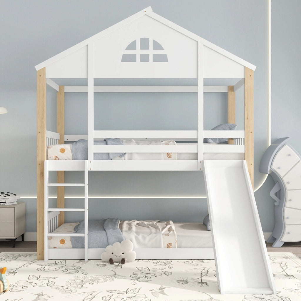 Letto a castello per bambini con scivolo 90x200 cm in pino massello e MDF; bianco e naturale per cameretta