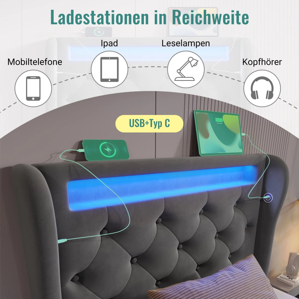 Letto singolo con contenitore 90 × 200 cm idraulico in velluto grigio con LED e porte USB e Type-C