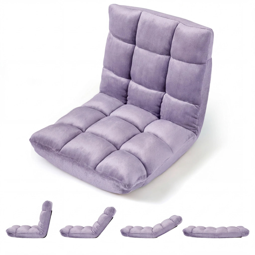 Sedia da pavimento cuscino imbottito da terra con schienale reclinabile a 14 livelli, Poltrona pieghevole per soggiorno camera da letto Viola