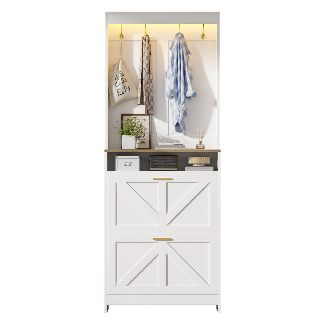 Armadio Slim Porta Scarpe con Illuminazione LED e 2 Cassetti Ribaltabili, con Ganci, Bianco, 70x24x180 cm