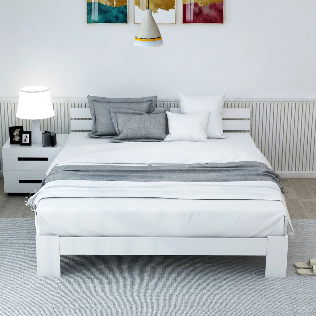 Letto matrimoniale 140 × 200 cm con testiera e rete a doghe in legno bianco portata massima 150 kg