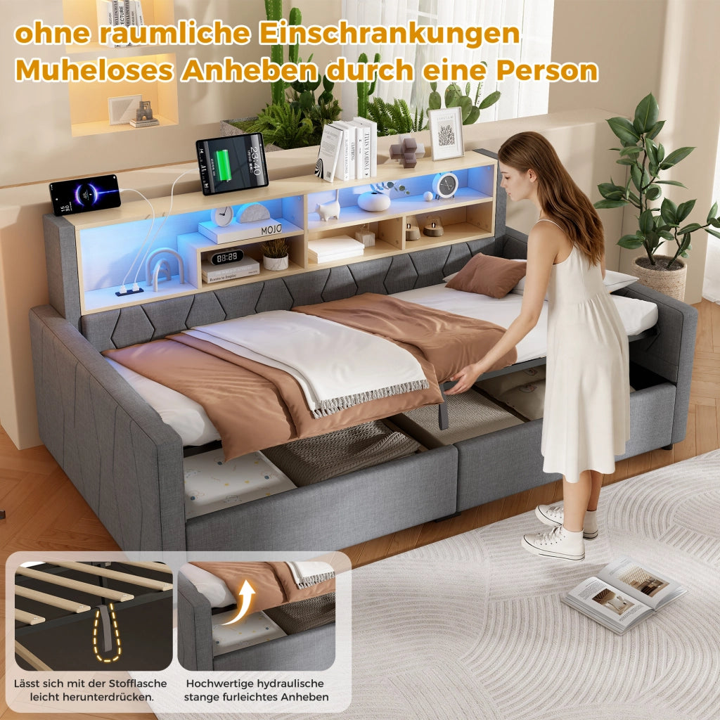 Divano Letto 90x200 cm in Lino con Contenitore Idraulico; USB-C; Presa; LED; Grigio