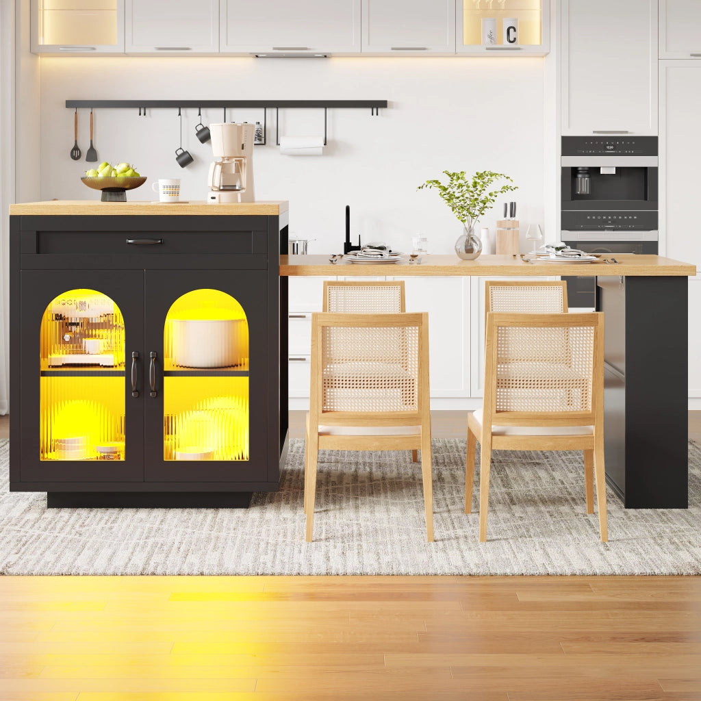 Isola da cucina con piano allungabile, 2 cassetti, ante in vetro e LED RGB per cucina, nera, 126–196 × 59 × 94 cm