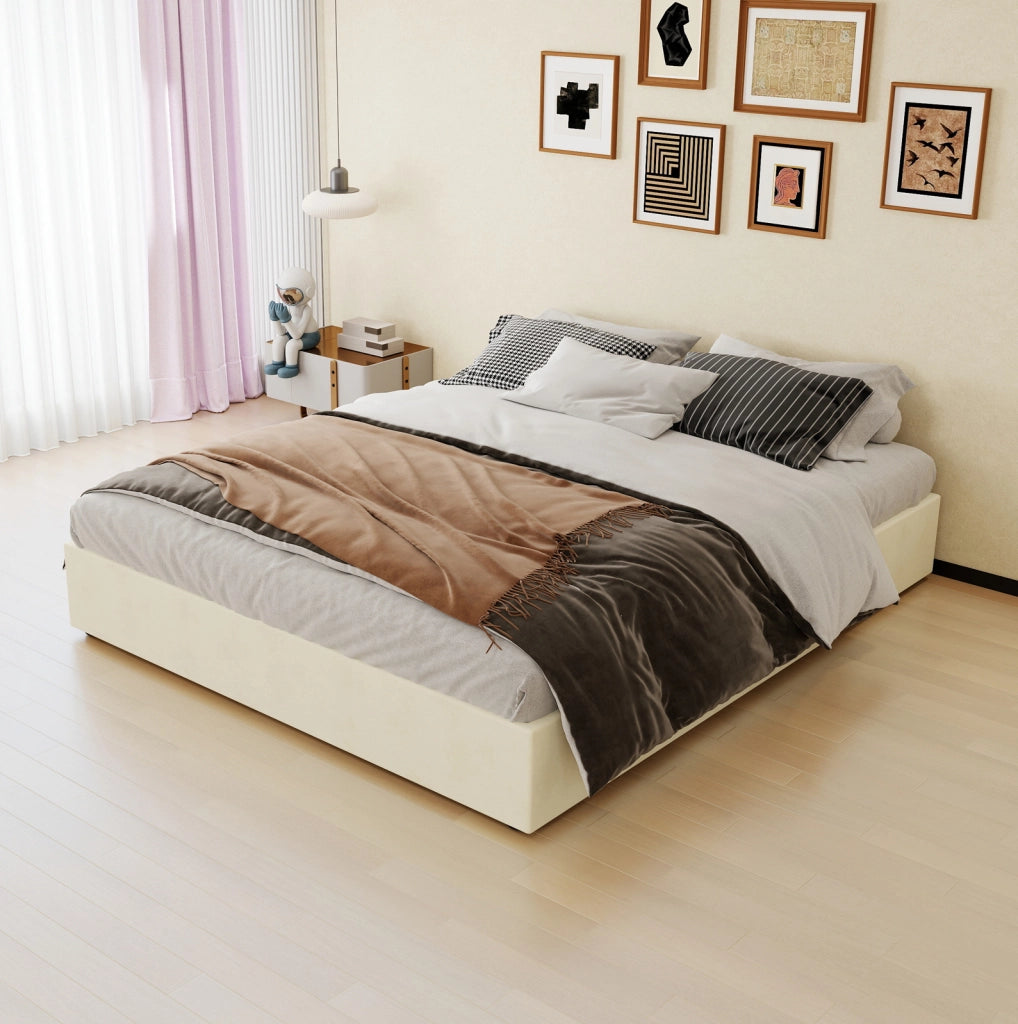Letto contenitore 160x200 cm in tessuto e metallo beige con materasso