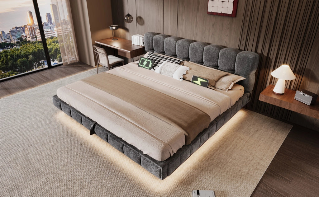 Letto imbottito matrimoniale 180x200 cm grigio con contenitore idraulico, illuminazione LED e porte di ricarica USB e Tipo-C