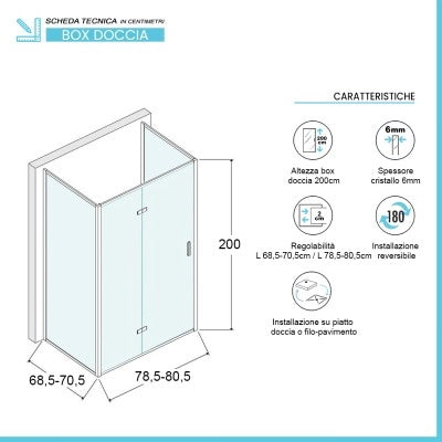 Box doccia 70x80x70 cm porta a soffietto serigrafata H 200 cm Ted