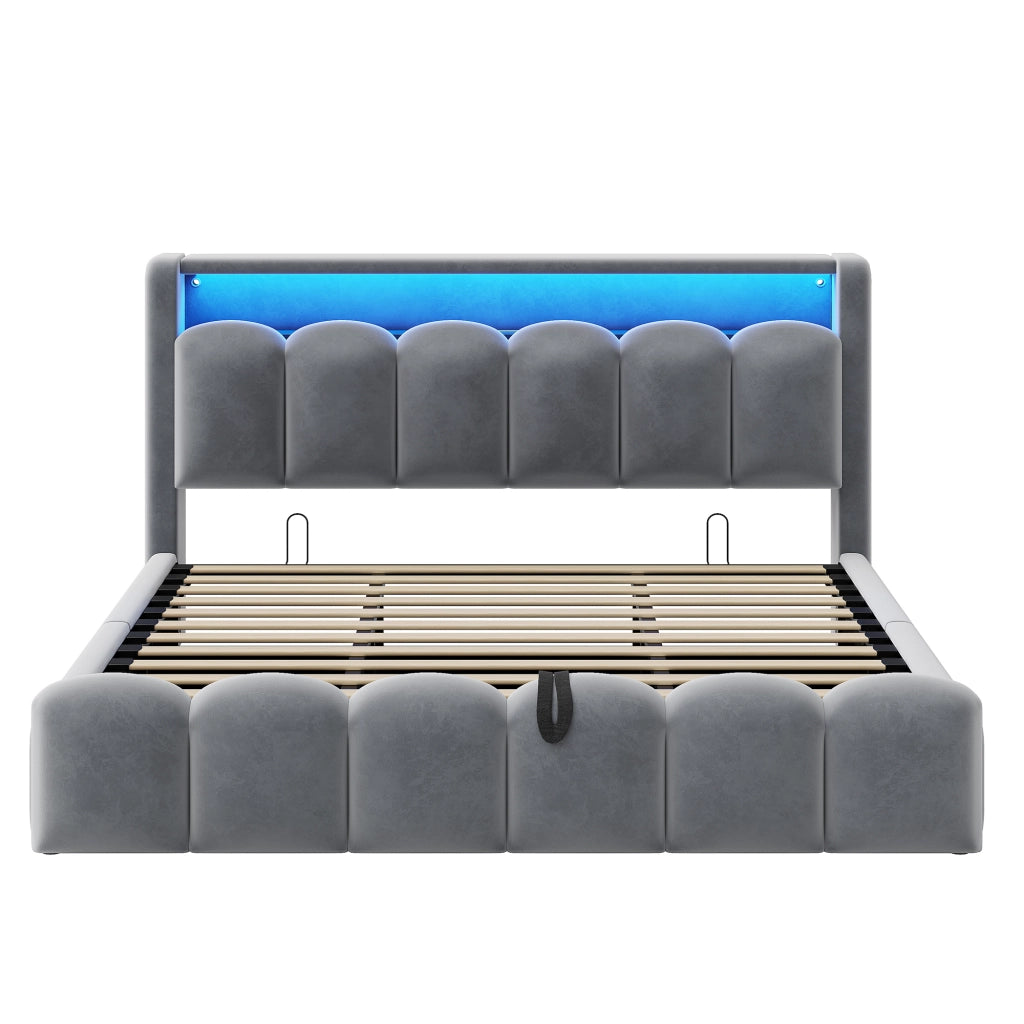Letto matrimoniale con contenitore 180 × 200 cm imbottito in velluto con LED USB e Type-C grigio