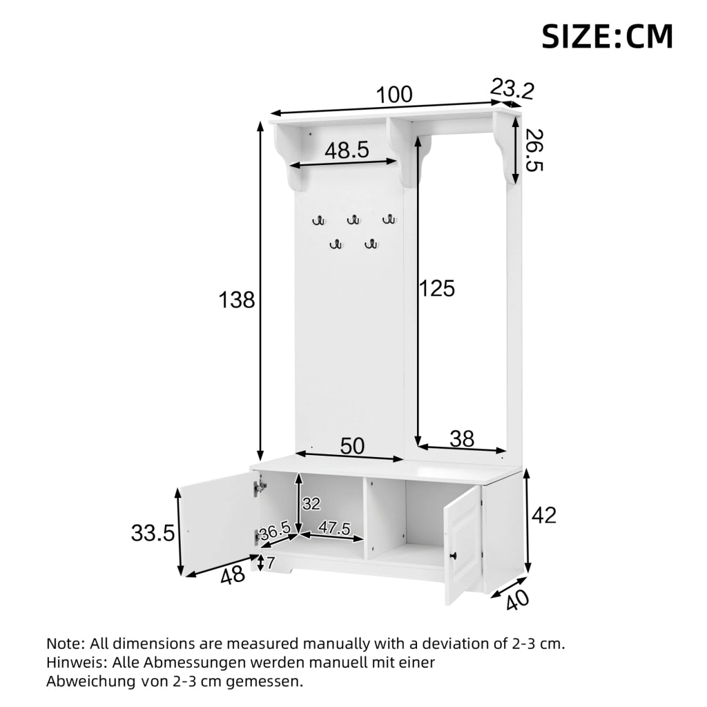 Mobile ingresso con specchio, 5 ganci e 2 vani, bianco