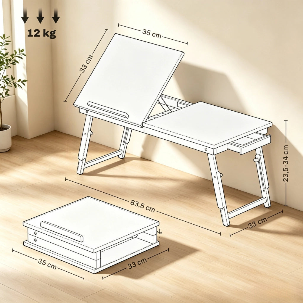 Tavolo da letto per laptop regolabile 70 × 33 cm con piano inclinabile e vano laterale in bambù e MDF nero