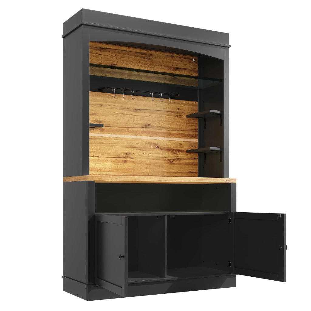 Credenza da cucina alta con ripiani LED, 2 ante e 6 ganci, per cucina e soggiorno, nera, 107 × 43 × 184 cm
