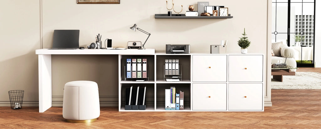 Scrivania angolare 140x120x78 cm in MDF bianco， girevole a 360°， con contenitori