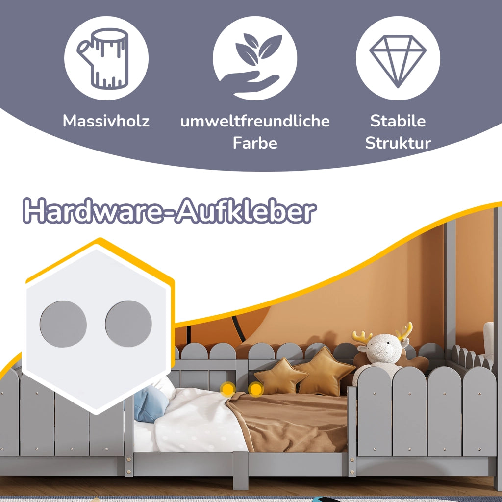 Letto a casetta 90 × 200 cm con tetto; barriera di protezione e rete a doghe in legno grigio