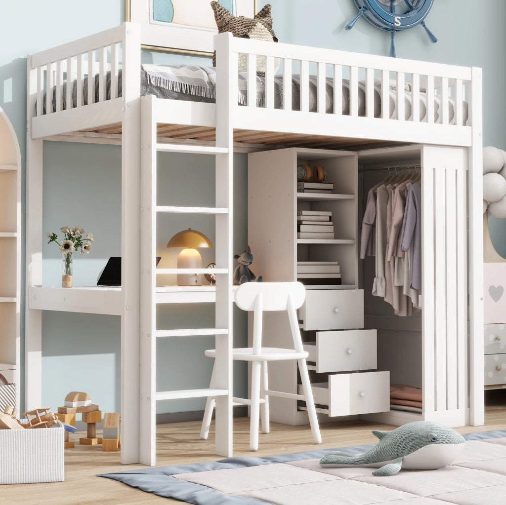 Letto a soppalco 90x200 cm con scrivania, armadio e 3 cassetti bianco