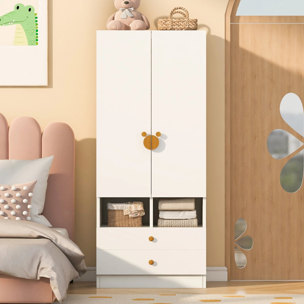 Armadio con 2 ante; 2 cassetti e vani interni - per camera da letto - in MDF - bianco