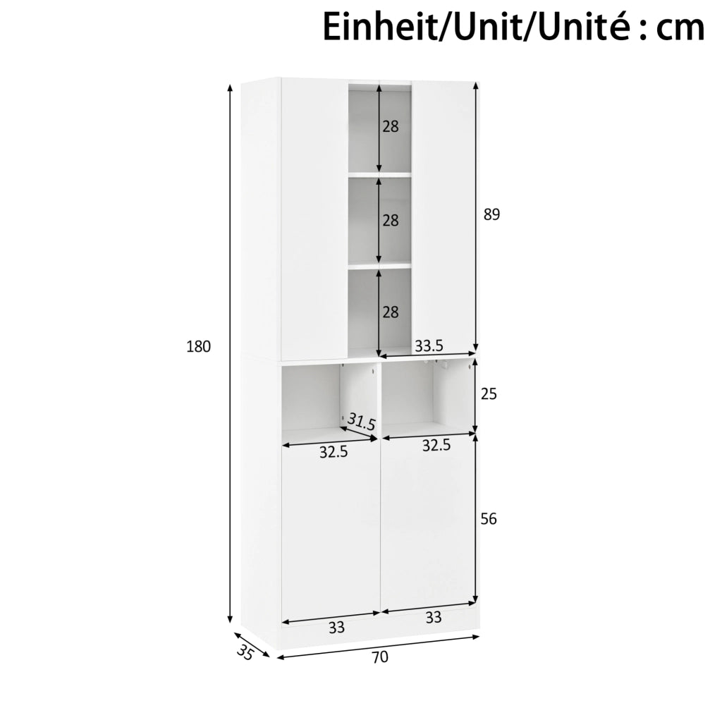 Armadio alto bianco a due sezioni con doppie ante, vetro acrilico centrale, luci LED controllabili via app, ripiano regolabile, 70x35x180 cm