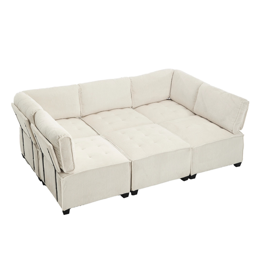 Divano modulare 6 posti in velluto a coste beige configurabile a U o L con tasche laterali 308 × 154 × 81.99 cm
