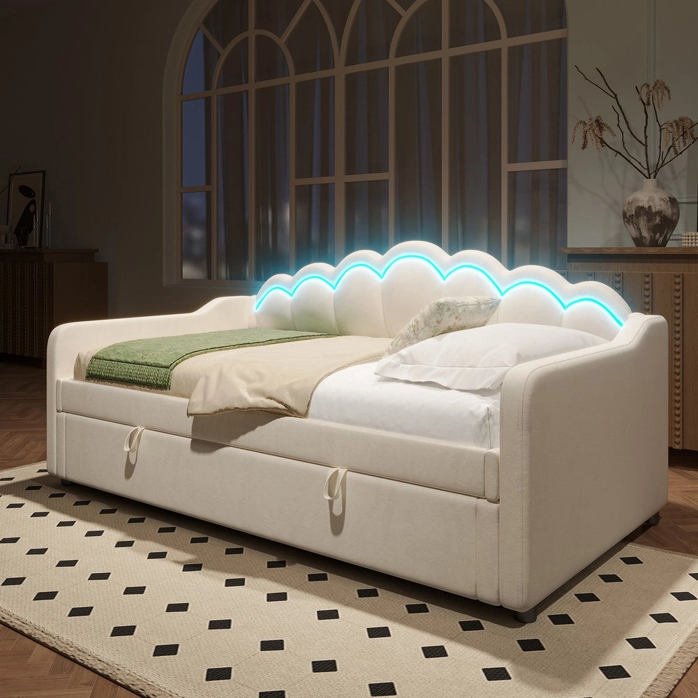 Letto Singolo Contenitore Imbottito con LED ¨C MINIMAL ¨C Velluto Beige 90x200
