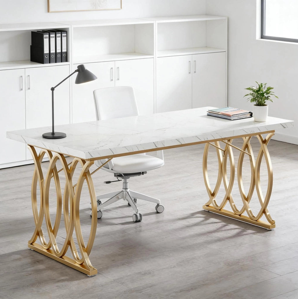 Scrivania da ufficio moderna 160x80 cm con piano in legno artificiale bianco e struttura metallica
