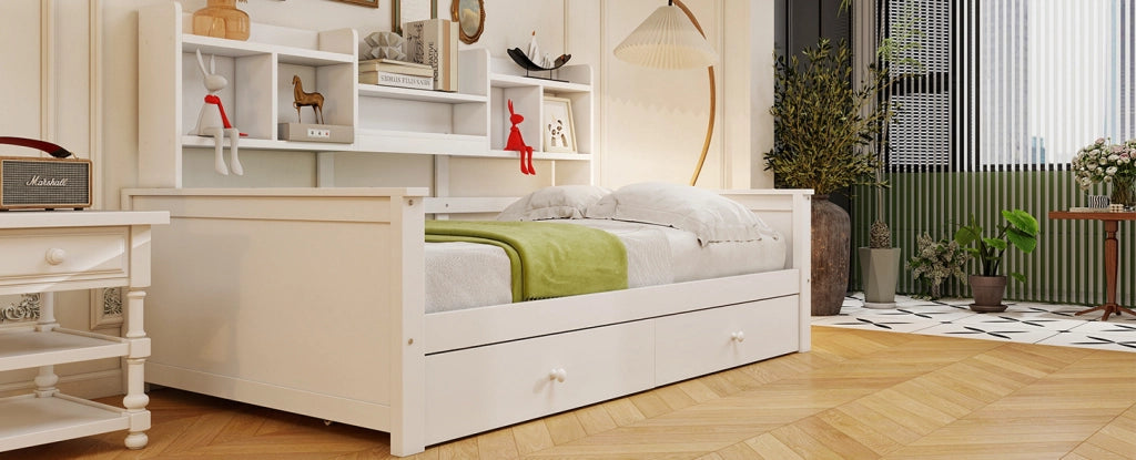 Letto singolo multifunzione 90x200 cm in legno massello bianco con cassetti e scaffali integrati