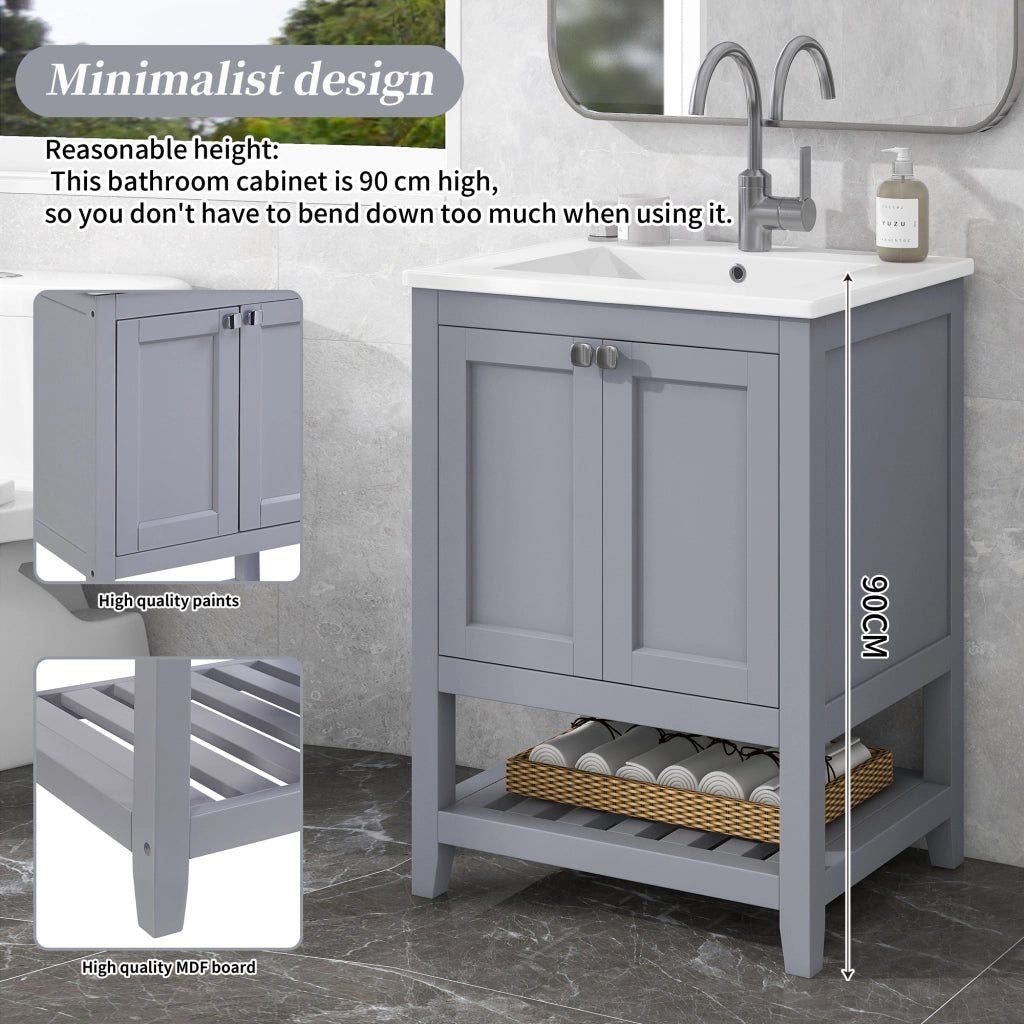 Mobile sottolavabo da bagno con lavabo in ceramica e vano aperto, a pavimento, in legno massello e MDF, grigio e bianco