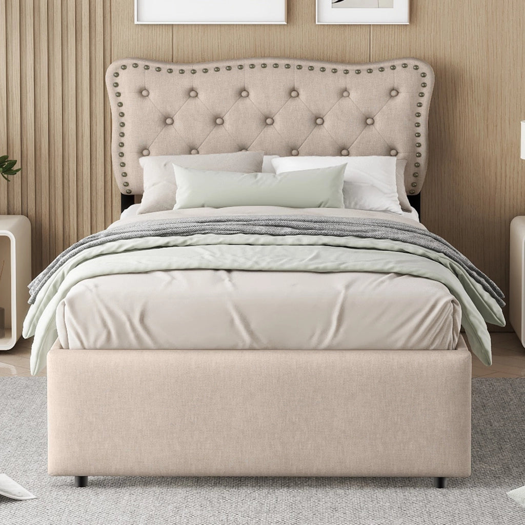 Letto con cassetti 90 × 200 cm imbottito con testiera regolabile e borchie decorative in lino e MDF beige scuro