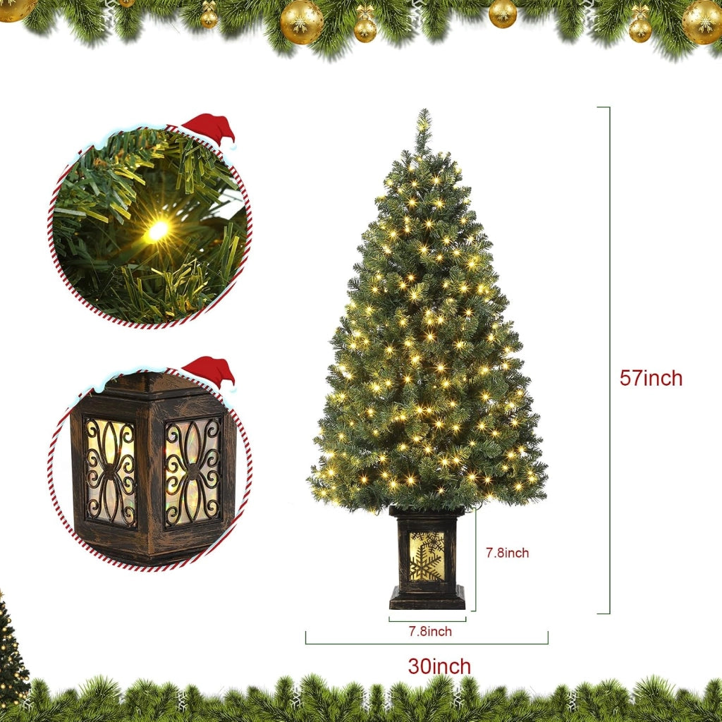 Albero di Natale Artificiale 145cm con 300 LED Bianco Caldo 8 Giochi Luce e Vaso Retrò