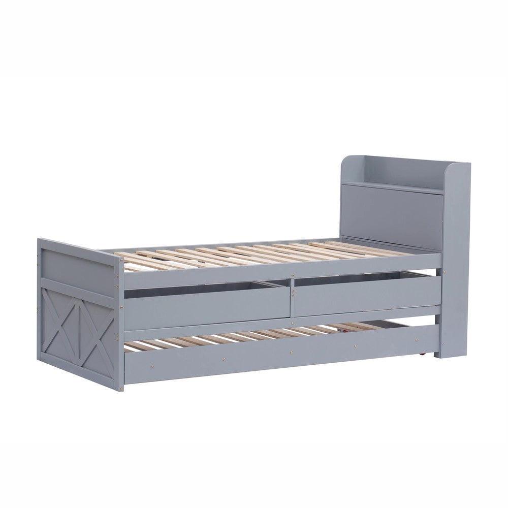 Letto Singolo con Rete a Doghe Cassetto e Comodino ¨C Minimal ¨C Grigio Legno Pino Massello 90x190cm