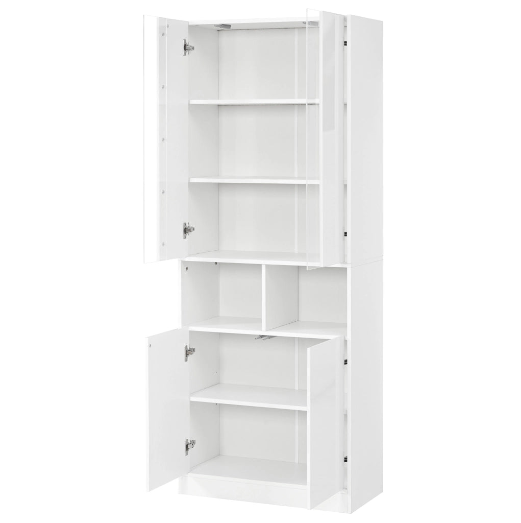 Armadio alto bianco a due sezioni con doppie ante, vetro acrilico centrale, luci LED controllabili via app, ripiano regolabile, 70x35x180 cm