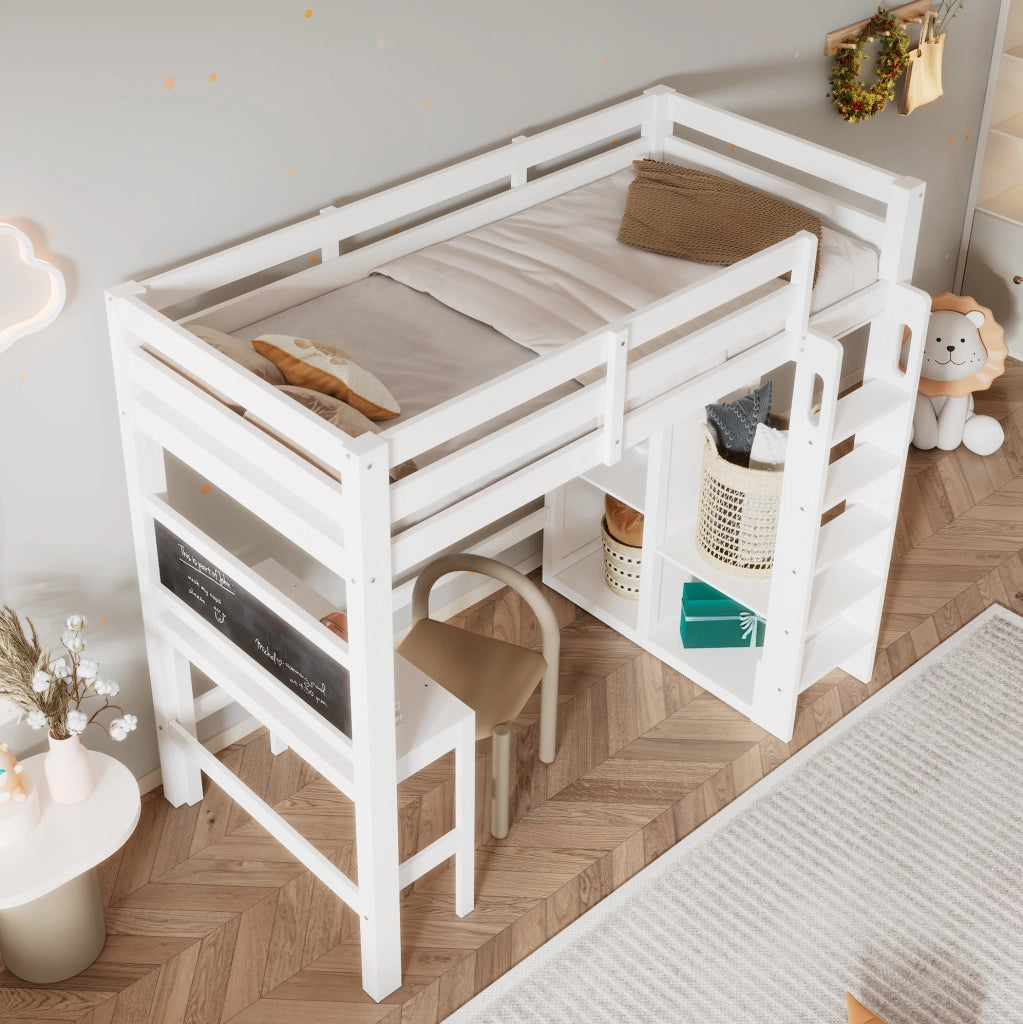 Letto a soppalco per bambini 90x200 cm con scrivania, armadio aperto e lavagna doppia, struttura in legno bianco senza materasso