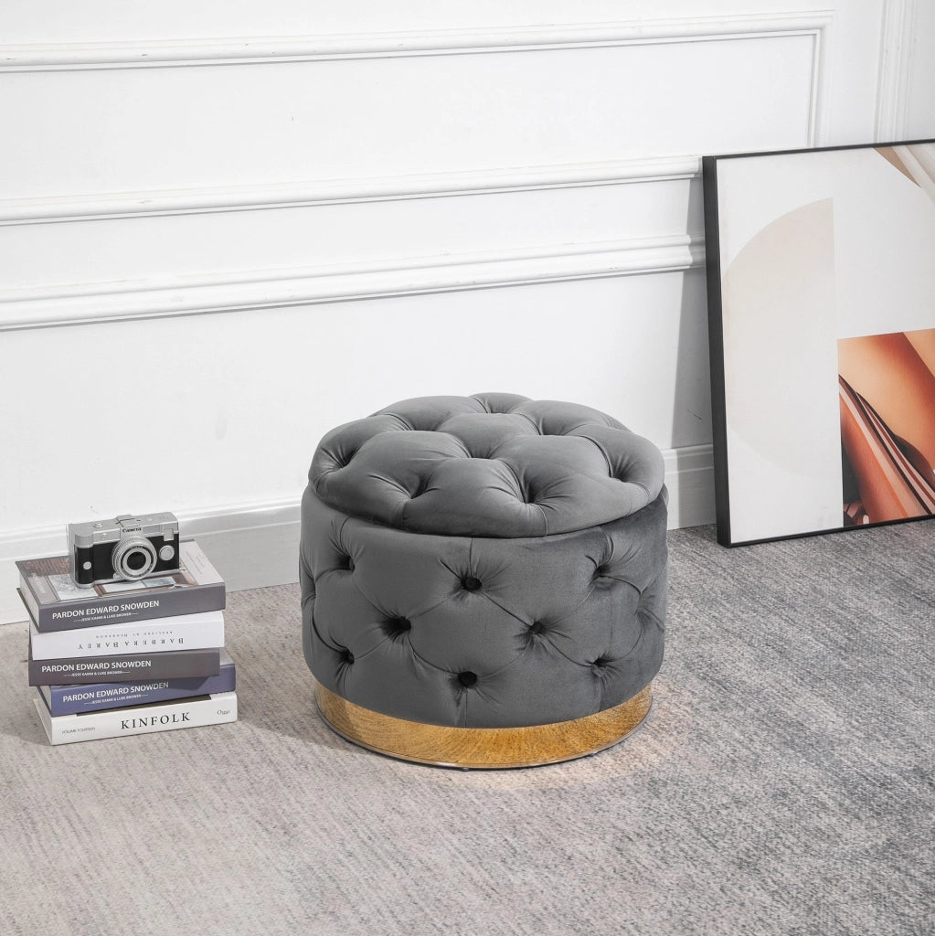 Pouf Vintage in Metallo e Schiuma con Spazio Contenitore, 55x55x42 cm, Grigio Carbone