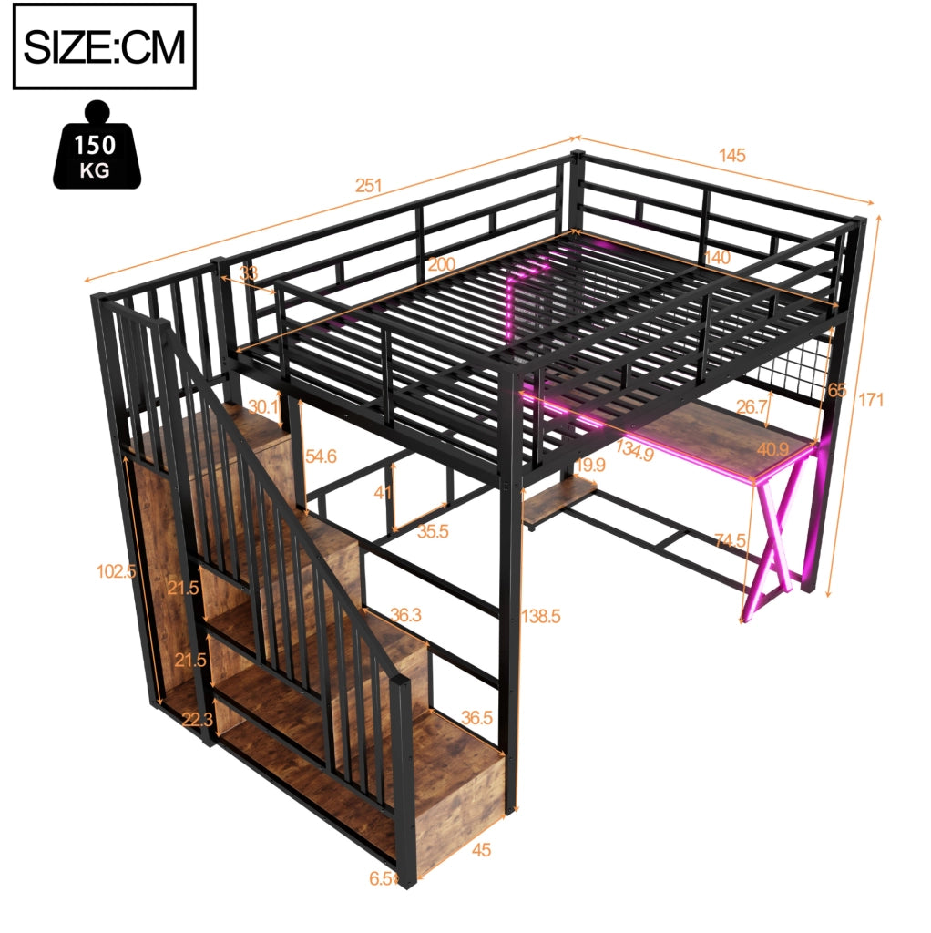 Letto a soppalco 140x200 cm in metallo/MDF nero con scrivania e contenitori