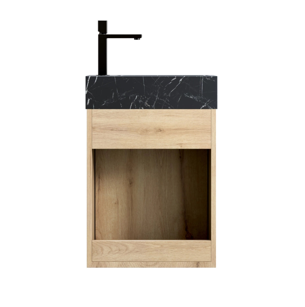 Mobile bagno 40 cm con lavabo integrato in marmo nero e struttura in compensato effetto quercia bianca