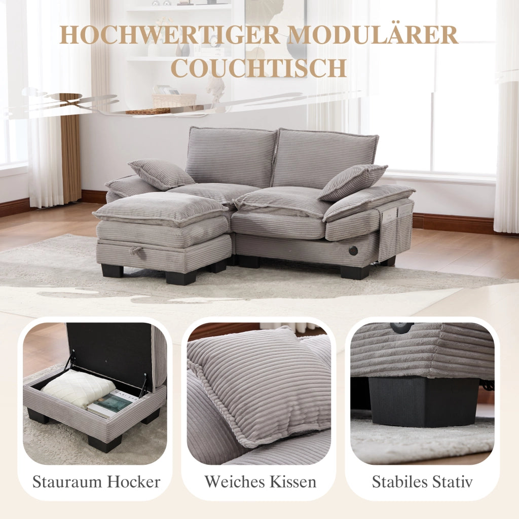 Divano lineare 2 posti con pouf contenitore e USB-C; in corduroy grigio chiaro