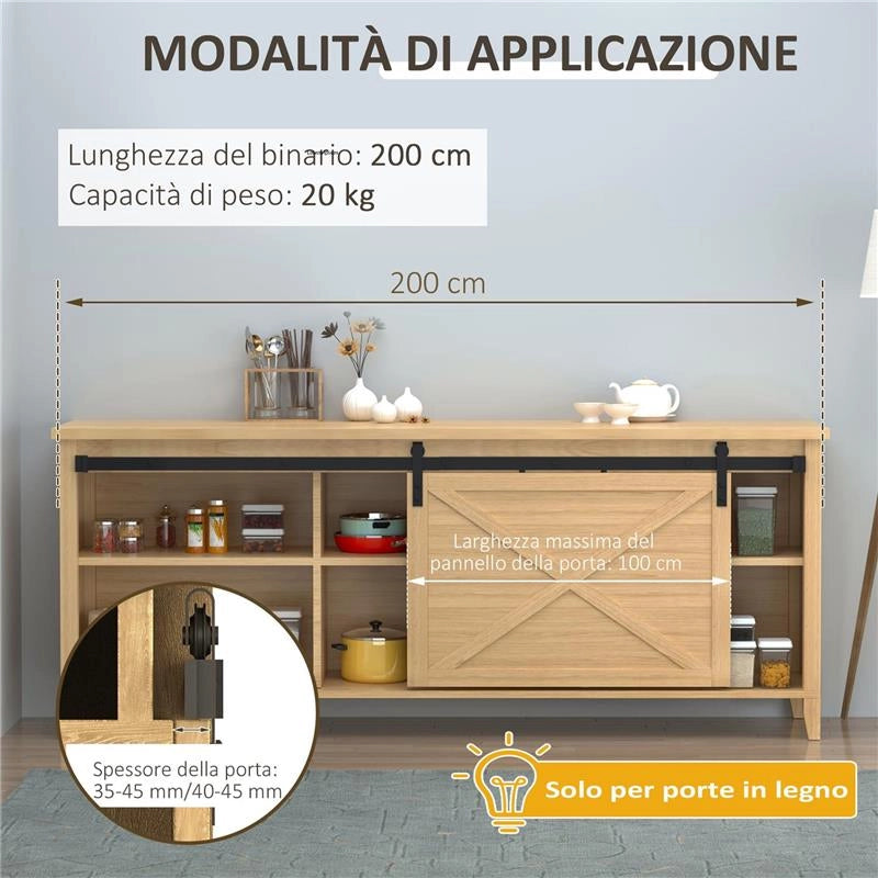 KIT PER PORTA SCORREVOLE IN LEGNO CON BINARIO 200CM E PORTATA 20KG, NERO