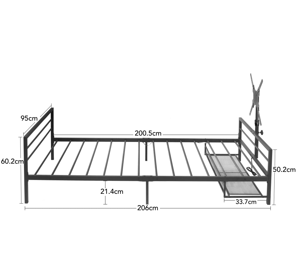DESMIU Letto adulto in metallo nero con supporto schermo regolabile, LED, cestello portaoggetti, senza materasso
