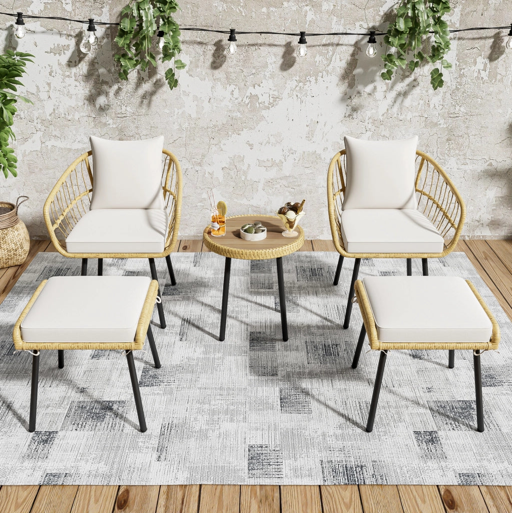 Set lounge da giardino 5 pezzi bianco e naturale in rattan con cuscini