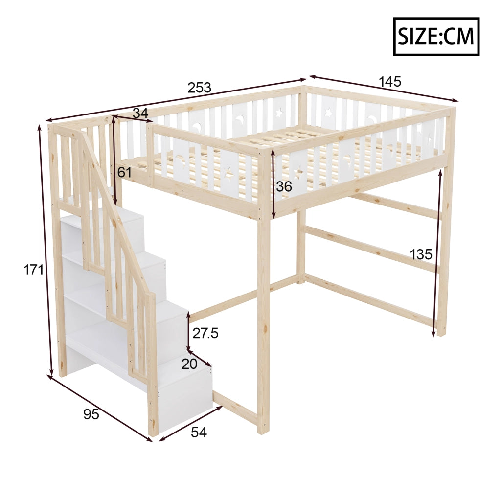 Letto a soppalco 140 × 200 cm con scala ampia ripiani integrati e area divano in legno bianco naturale