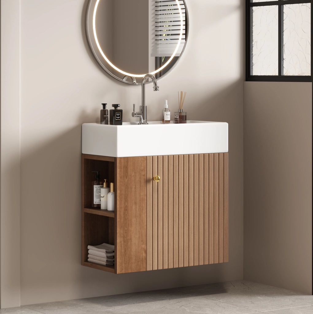 Mobile bagno sospeso bianco con lavabo in ceramica lucida 55 cm per piccoli spazi