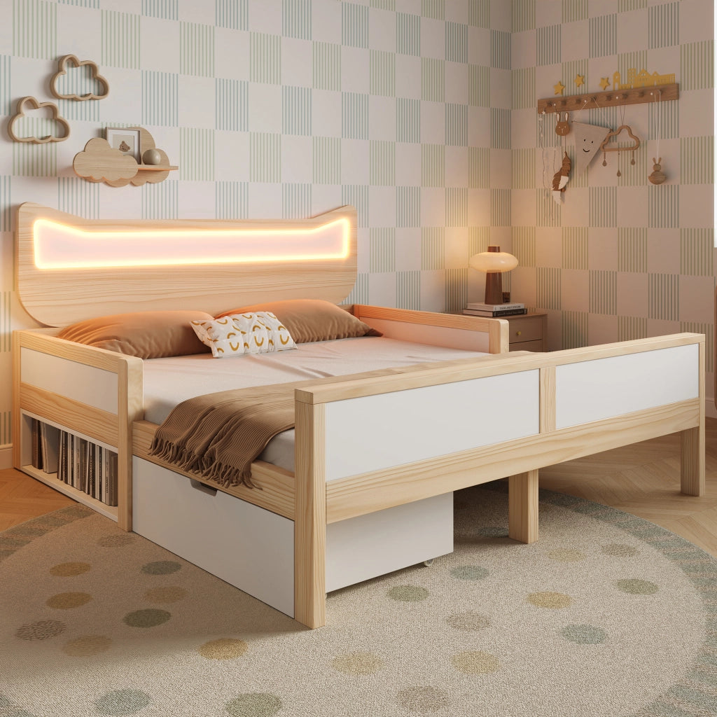 Letto per bambini 140×200 cm 1 posto con LED; cassetto e vano contenitore; senza materasso; bianco e rovere