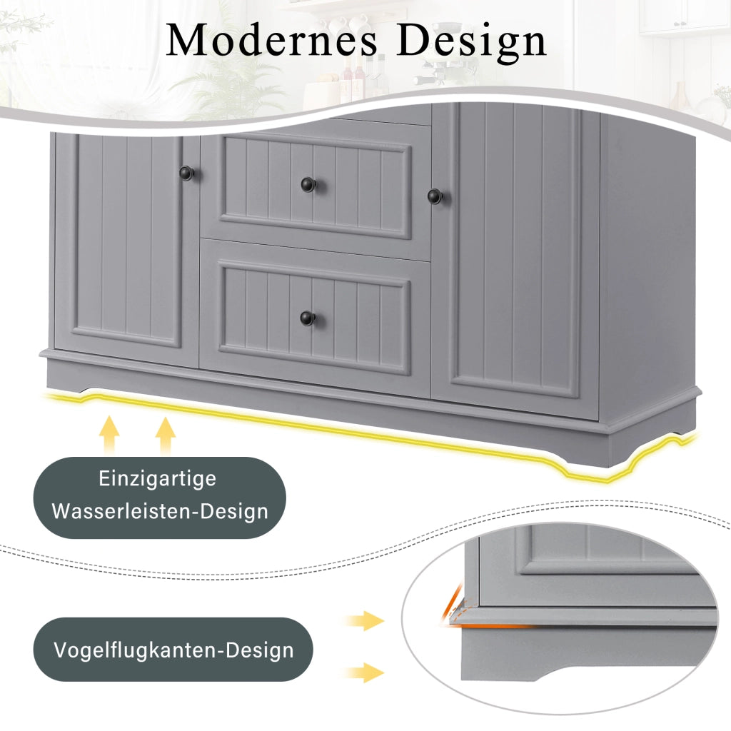 Credenza con 3 cassetti e ante stile frigorifero; ripiani regolabili; MDF grigio per cucina 126 × 40 × 86 cm