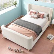 Letto a slitta per bambini 90x200 cm in velluto beige con motivo spaziale; rete a doghe