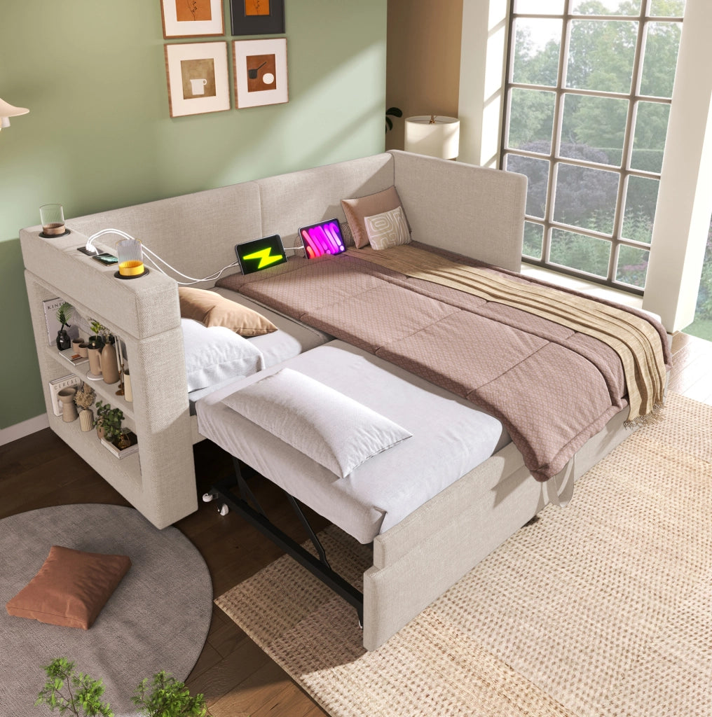 Divano letto estraibile 90x200 cm beige con USB, Type-C, portabicchieri e ripiani